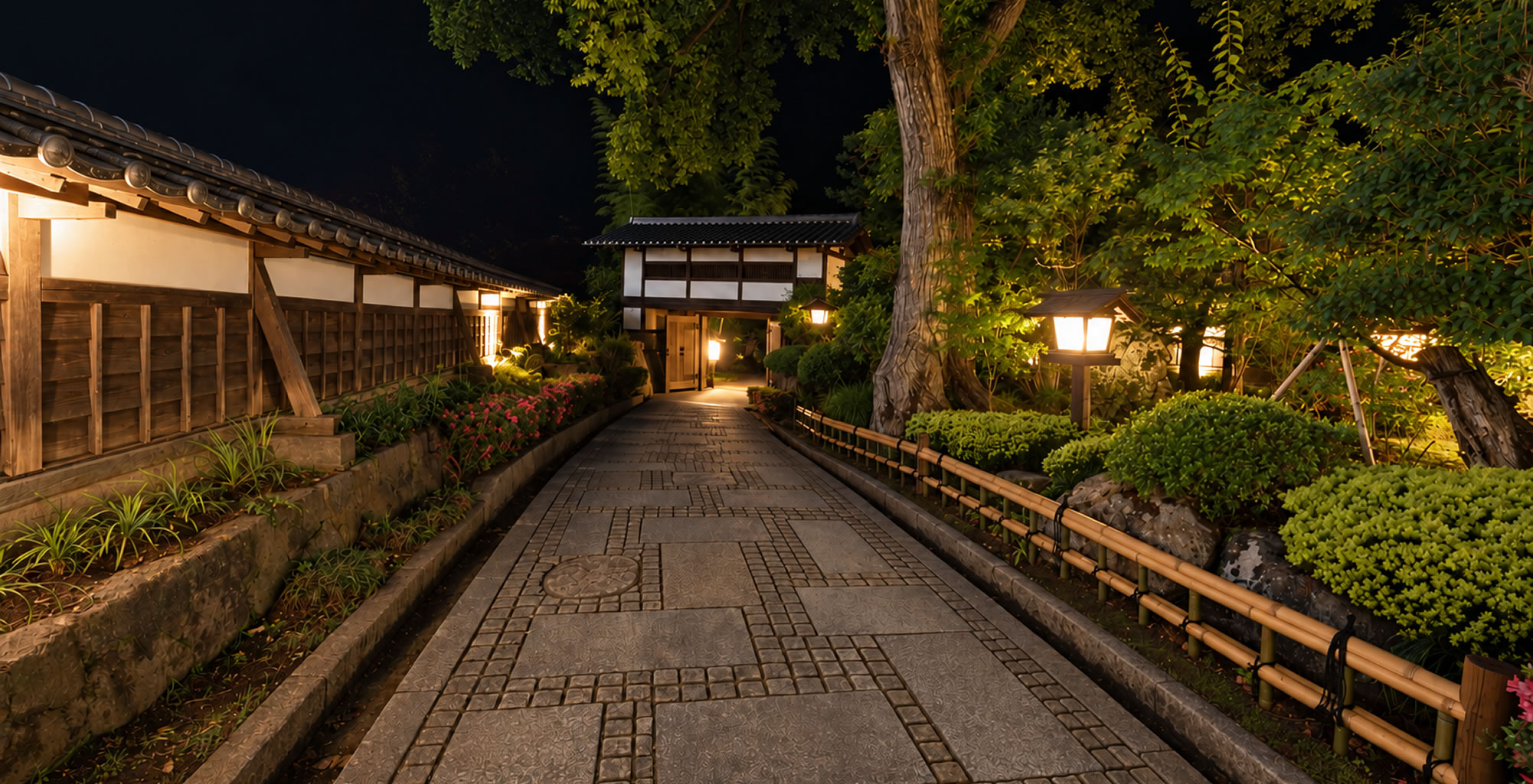 夜の石畳の通路